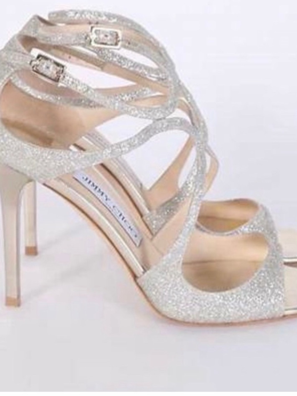 Jimmy Choo Platinum Ice Glitter Strappy Stiletto Sandals with box and dust bag